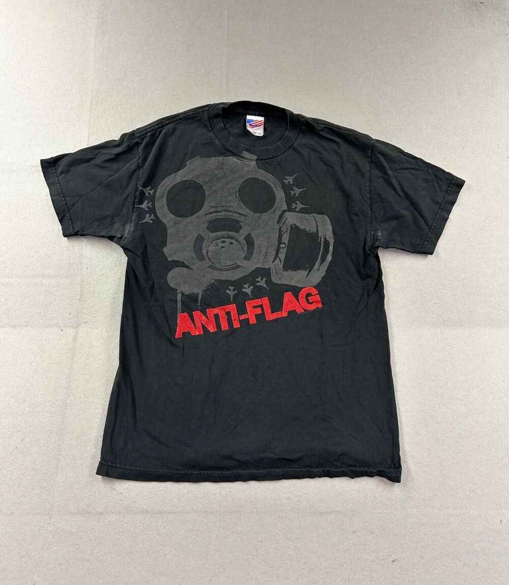Vintage Anti-Flag Gas Mask Punk Rock Band Medium T Shirt Faded Black Murina Tag